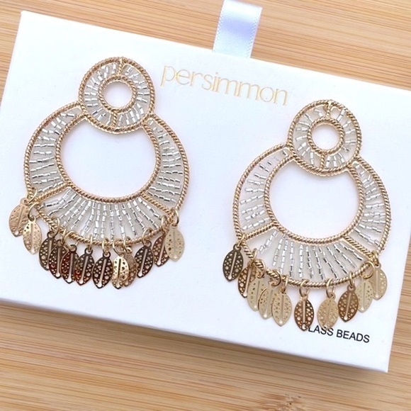 Brand New Persimmon Glass Beaded Gold Tone Leaf Round Drop Earrings Lightweight - Picture 9 of 14